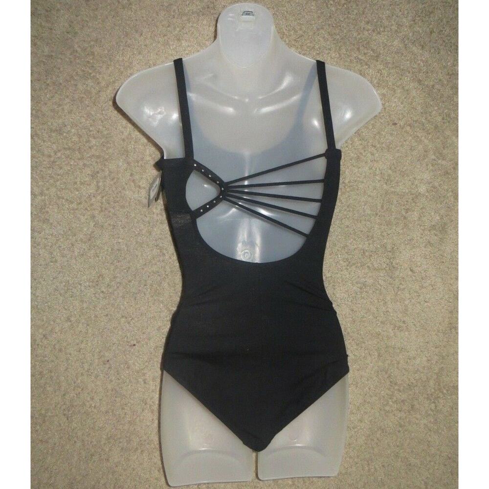 So Danca Black Cami Rhinestone Leotard Leo V-2917VL Size PA P Petite Adult